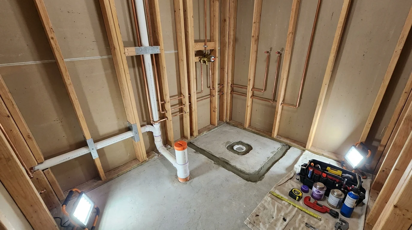 Bathroom rough-in plumbing during remodel by Johns Plumbing LLC in Conshohocken