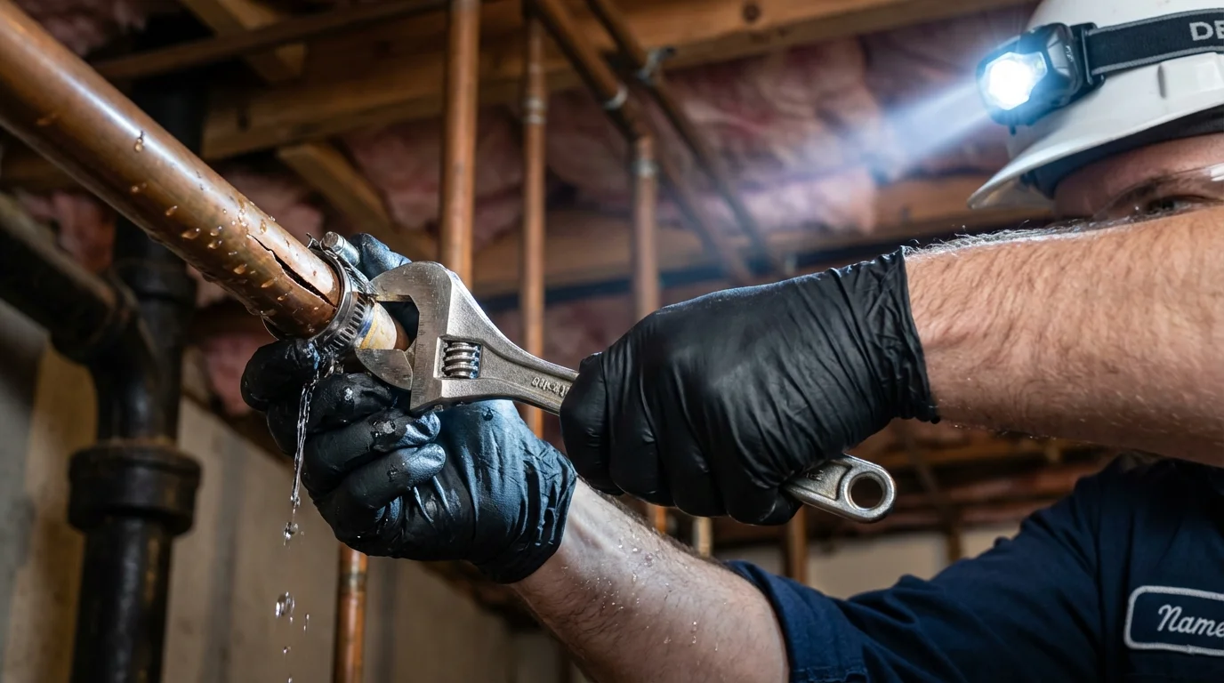 Emergency pipe clamp repair being performed by a Johns Plumbing LLC plumber in Conshohocken