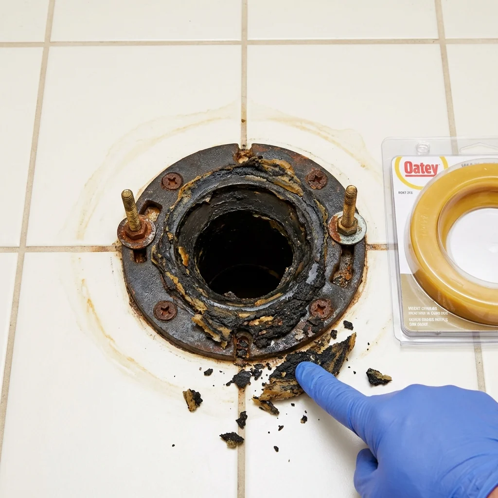 Failed wax ring showing water seepage at the base of a toilet in a Conshohocken, PA home