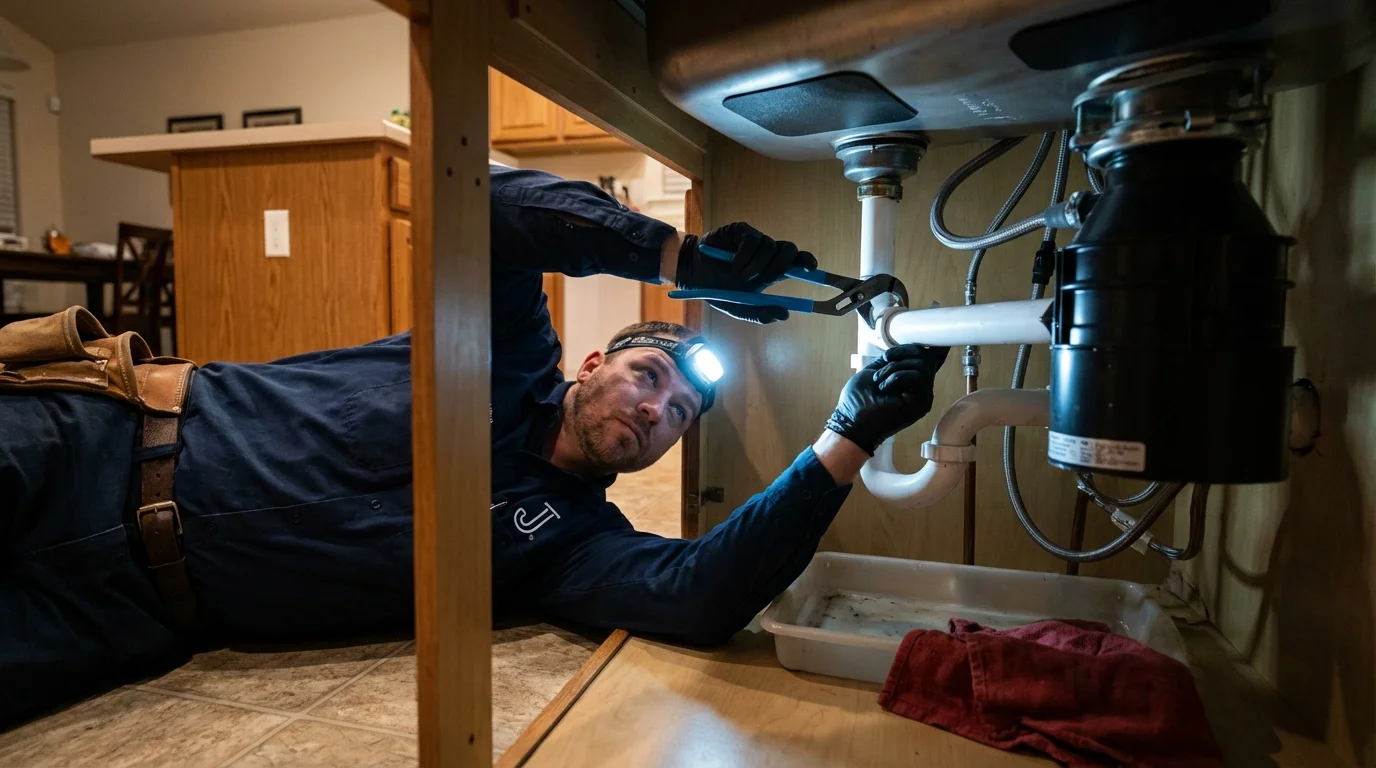 P-trap and supply line connections under a kitchen sink showing a common leak point in Conshohocken, PA